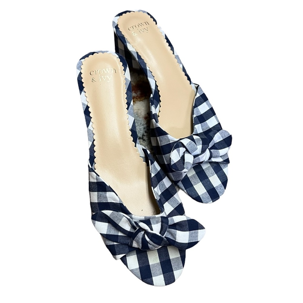 COPY - Crown & Ivy Blue and white gingham slide-on heels with bow.